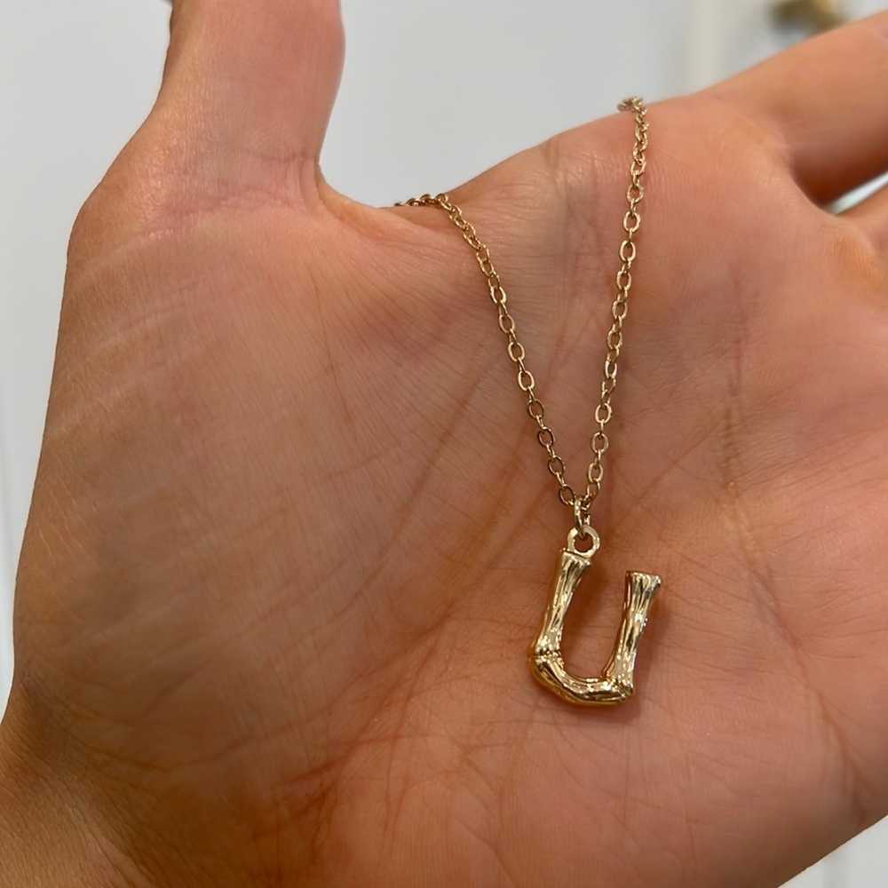 Gold Initial Letter Necklace Bamboo Link Charm U